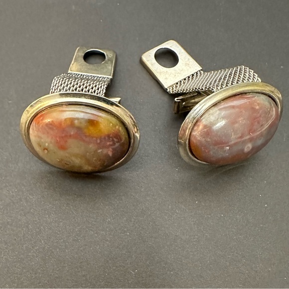 Vintage 1950s Handmade Agate Cuff Links Set Pair Silver Mesh Brown Stone Classic - Picture 7 of 8
